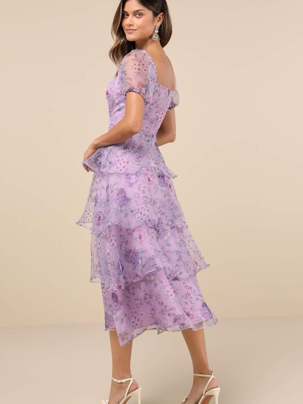 Lulus Oh-So Stunning Purple Floral Organza Tiered Midi Dress - Picture 2 of 12